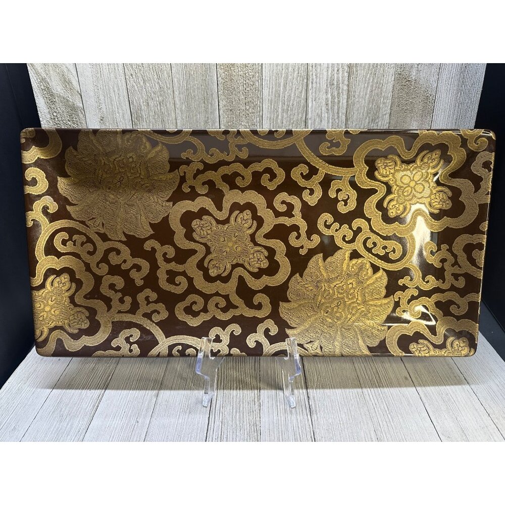 Vtg Potterybarn Chinoise Brown Elegant Floral Design Platter Tray 16" by 8"